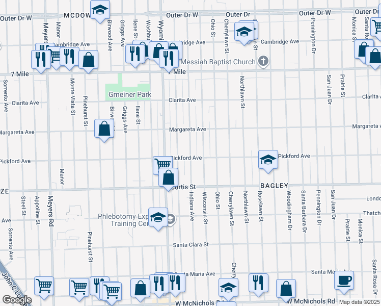 map of restaurants, bars, coffee shops, grocery stores, and more near 18314 Indiana Street in Detroit