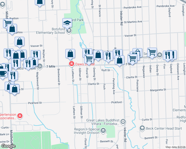map of restaurants, bars, coffee shops, grocery stores, and more near 18951 Deering Street in Livonia
