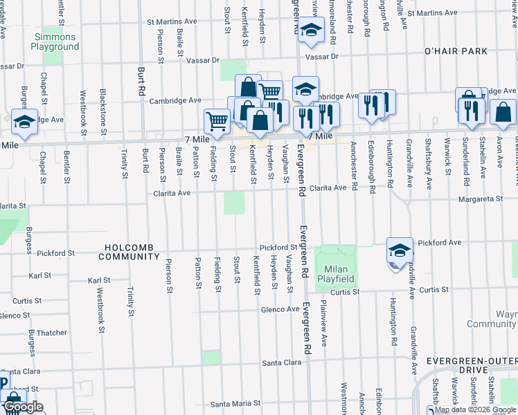 map of restaurants, bars, coffee shops, grocery stores, and more near 18509 Heyden Street in Detroit