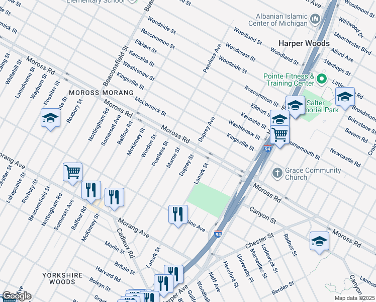 map of restaurants, bars, coffee shops, grocery stores, and more near 20406 Moross Road in Detroit