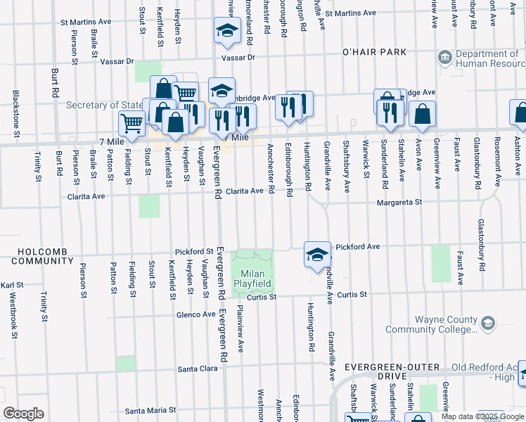 map of restaurants, bars, coffee shops, grocery stores, and more near 18496 Westmoreland Road in Detroit
