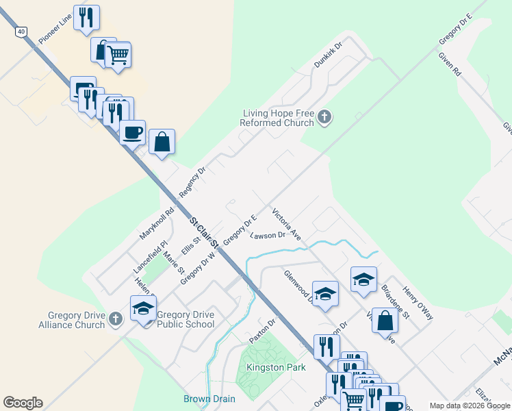 map of restaurants, bars, coffee shops, grocery stores, and more near 33 Gregory Drive East in Chatham