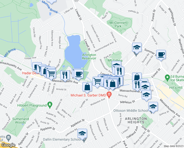 map of restaurants, bars, coffee shops, grocery stores, and more near 9 Colonial Village Drive in Arlington