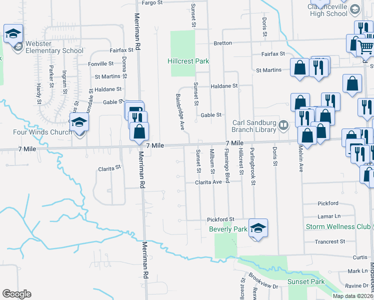 map of restaurants, bars, coffee shops, grocery stores, and more near 18999 Bainbridge Avenue in Livonia