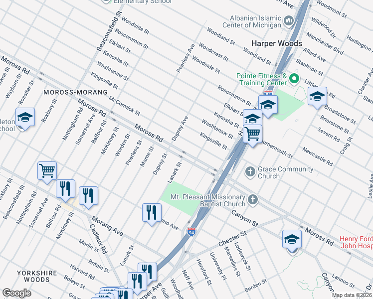 map of restaurants, bars, coffee shops, grocery stores, and more near 20467 Moross Road in Detroit
