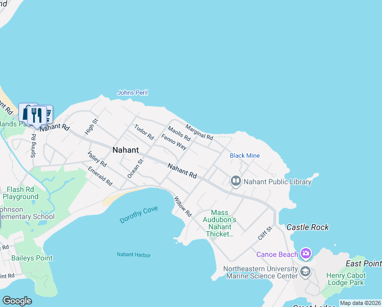 map of restaurants, bars, coffee shops, grocery stores, and more near 33 Winter Street in Nahant