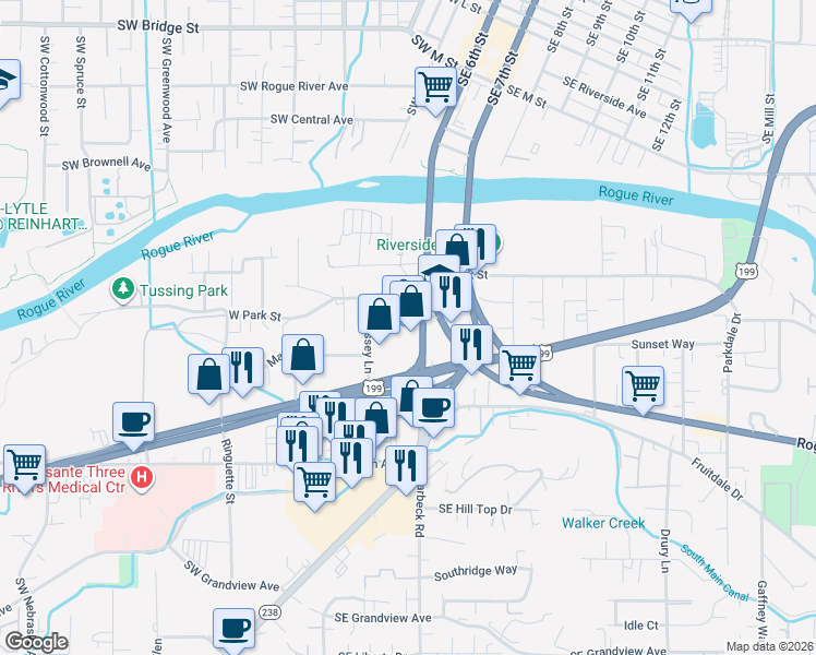 map of restaurants, bars, coffee shops, grocery stores, and more near 210 Redwood Highway in Grants Pass