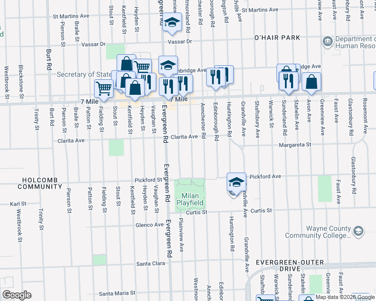 map of restaurants, bars, coffee shops, grocery stores, and more near 18496 Westmoreland Road in Detroit