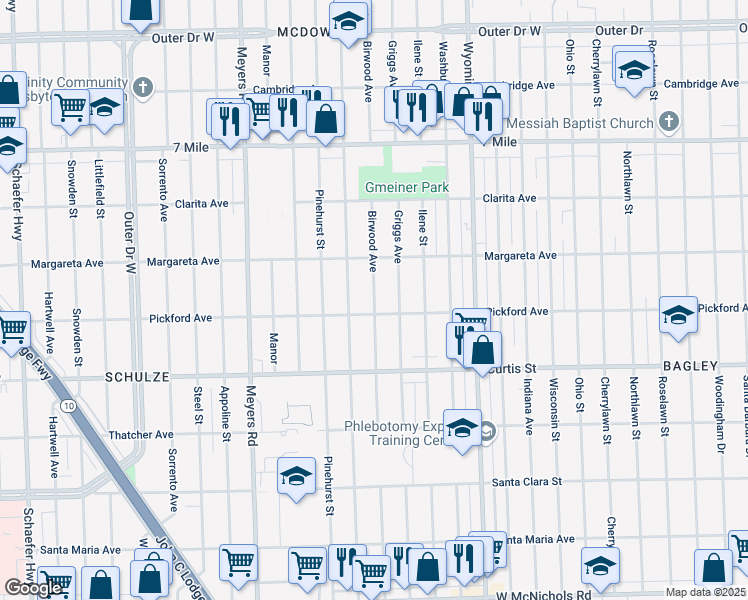 map of restaurants, bars, coffee shops, grocery stores, and more near 18405 Griggs Street in Detroit