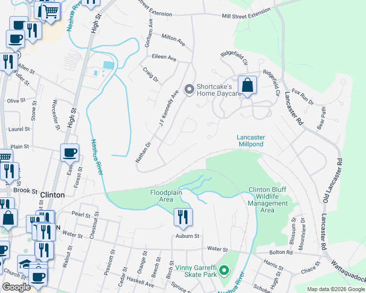 map of restaurants, bars, coffee shops, grocery stores, and more near 41 Nathan Drive in Clinton