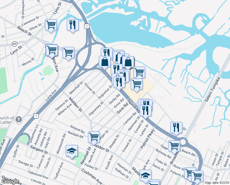 map of restaurants, bars, coffee shops, grocery stores, and more near 117 Sigourney Street in Revere