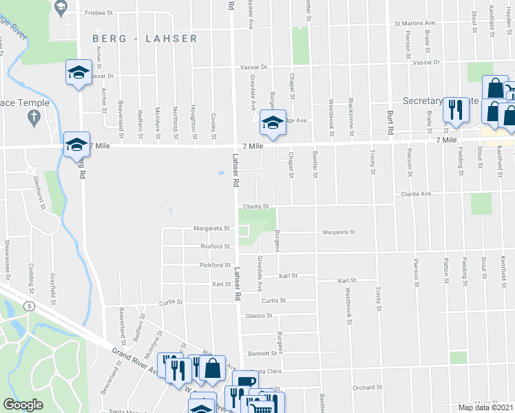 map of restaurants, bars, coffee shops, grocery stores, and more near Greydale Avenue in Detroit