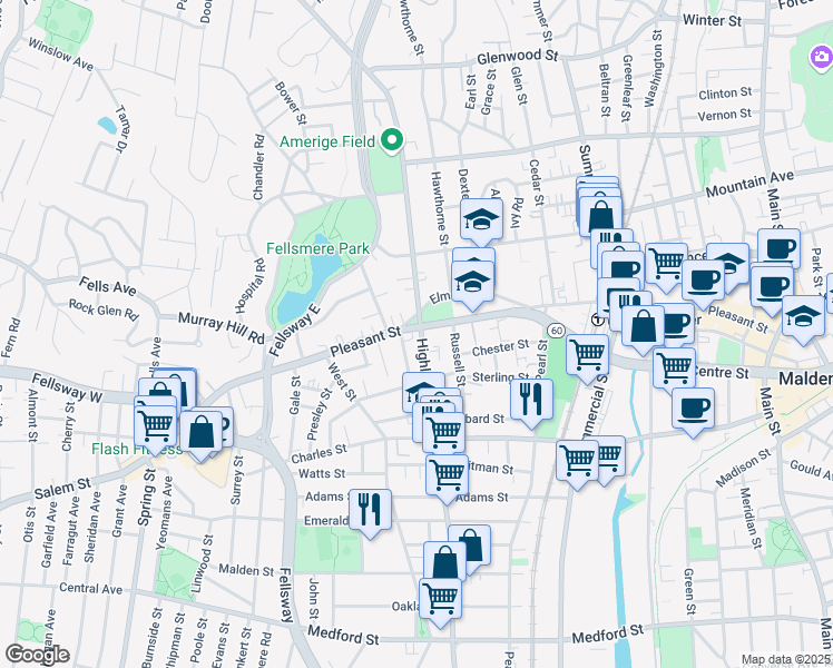map of restaurants, bars, coffee shops, grocery stores, and more near 13 Talbot Street in Malden