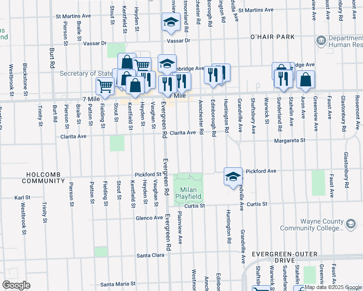 map of restaurants, bars, coffee shops, grocery stores, and more near 18497 Plainview Avenue in Detroit