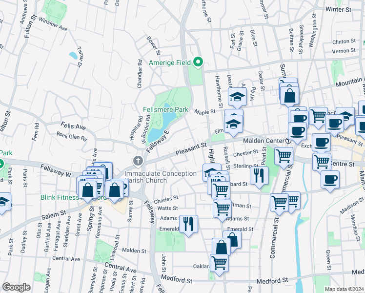 map of restaurants, bars, coffee shops, grocery stores, and more near 495 Pleasant Street in Malden