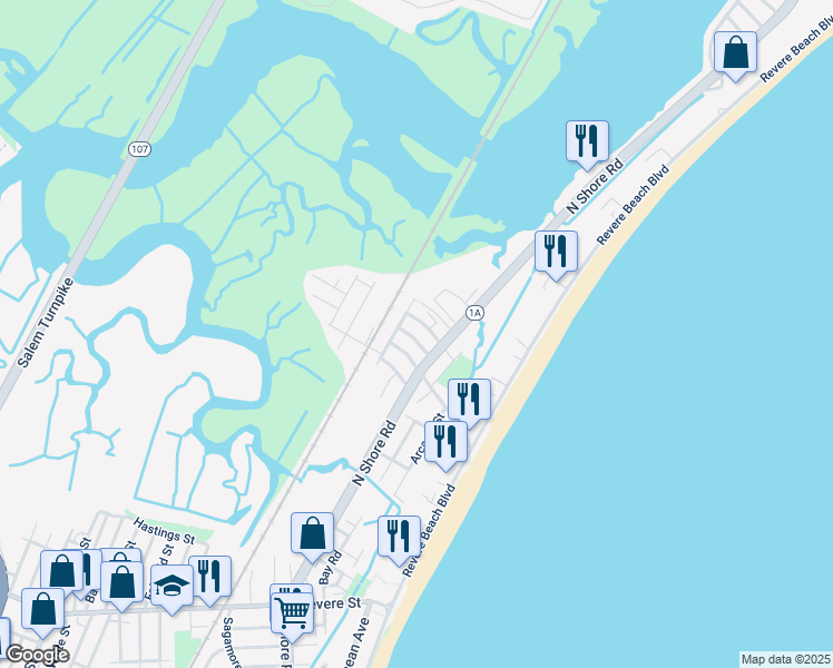 map of restaurants, bars, coffee shops, grocery stores, and more near 12 Alice Street in Revere