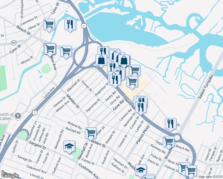 map of restaurants, bars, coffee shops, grocery stores, and more near 117 Sigourney Street in Revere