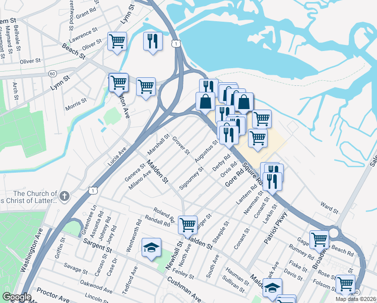 map of restaurants, bars, coffee shops, grocery stores, and more near 54 Keayne Street in Revere