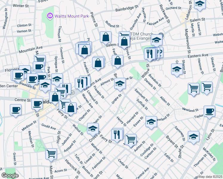 map of restaurants, bars, coffee shops, grocery stores, and more near 29 Newton Street in Malden