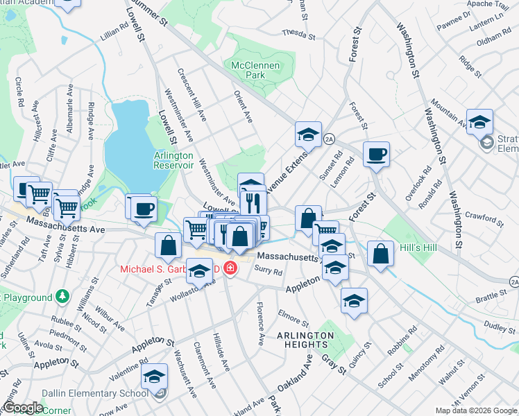 map of restaurants, bars, coffee shops, grocery stores, and more near 3 Viking Court in Arlington
