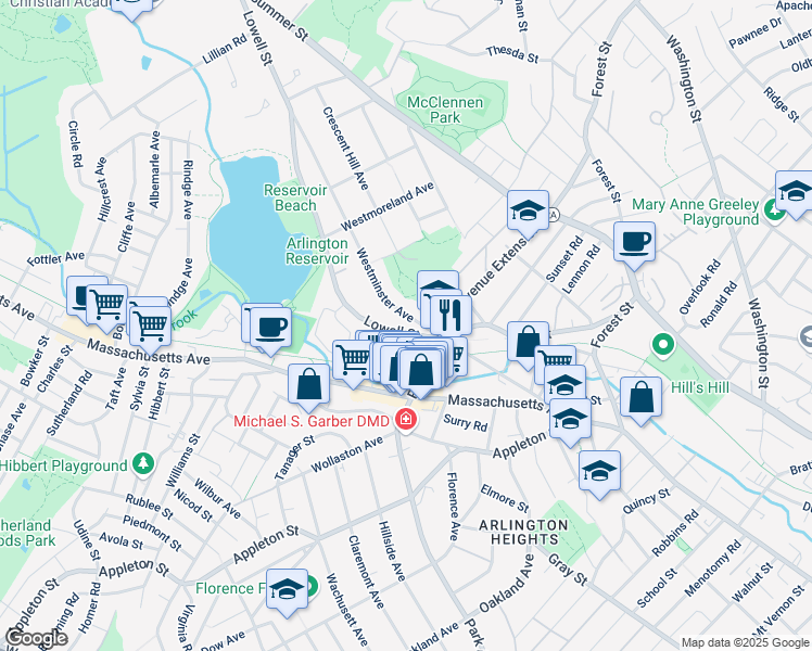 map of restaurants, bars, coffee shops, grocery stores, and more near 3 Park Avenue in Arlington