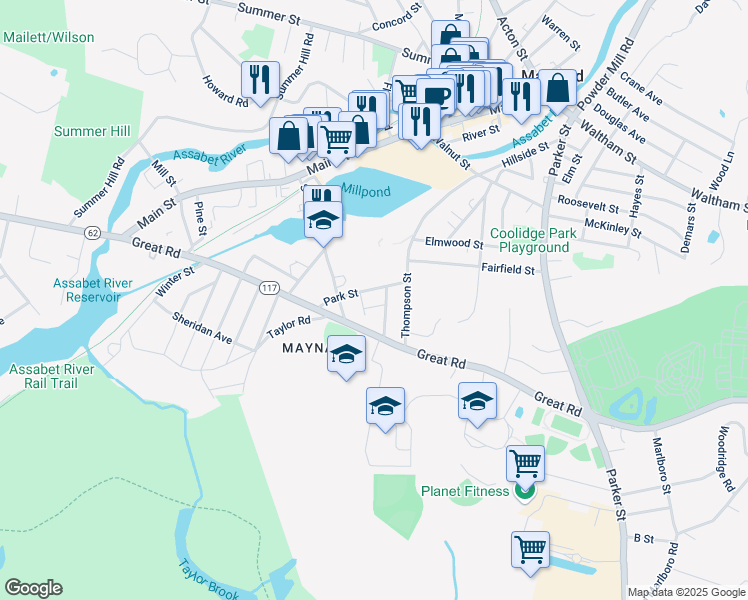 map of restaurants, bars, coffee shops, grocery stores, and more near 11 Sherman Street in Maynard