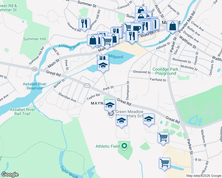 map of restaurants, bars, coffee shops, grocery stores, and more near 49 Sudbury Street in Maynard