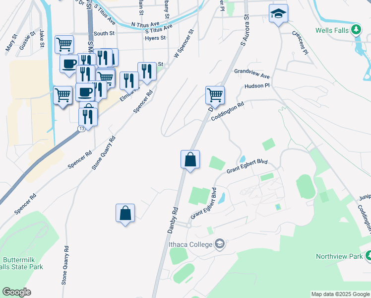 map of restaurants, bars, coffee shops, grocery stores, and more near 924 Danby Road in Ithaca