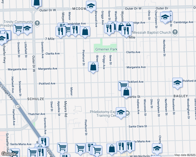 map of restaurants, bars, coffee shops, grocery stores, and more near 18405 Griggs Street in Detroit