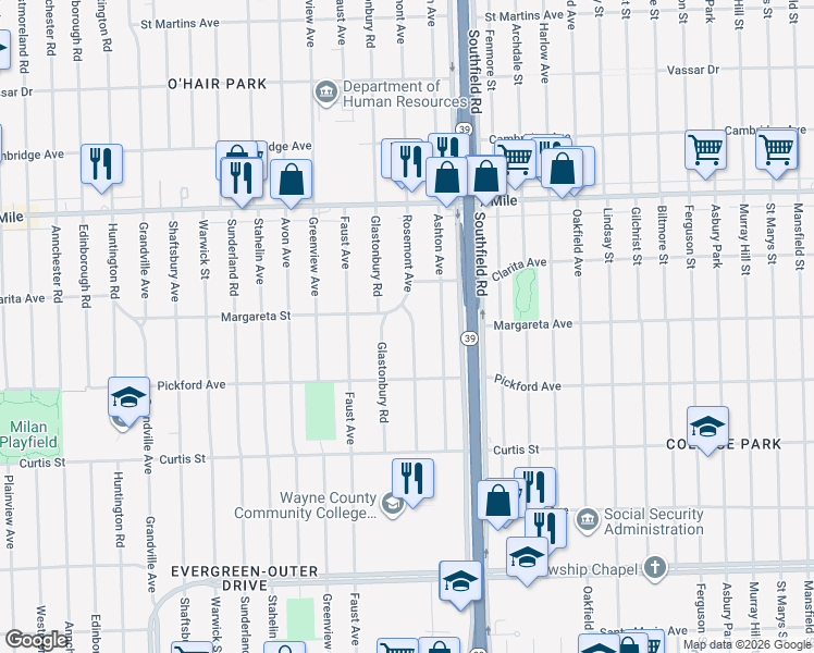 map of restaurants, bars, coffee shops, grocery stores, and more near 18473 Rosemont Avenue in Detroit