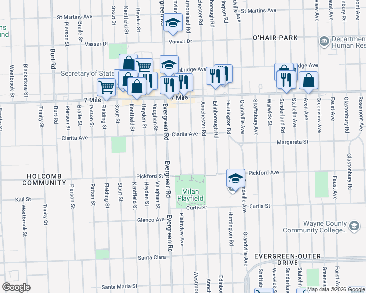 map of restaurants, bars, coffee shops, grocery stores, and more near 18497 Plainview Avenue in Detroit
