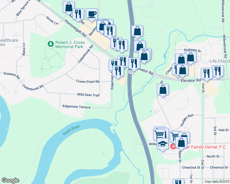map of restaurants, bars, coffee shops, grocery stores, and more near 11395 Edgemere Terrace in Roscoe