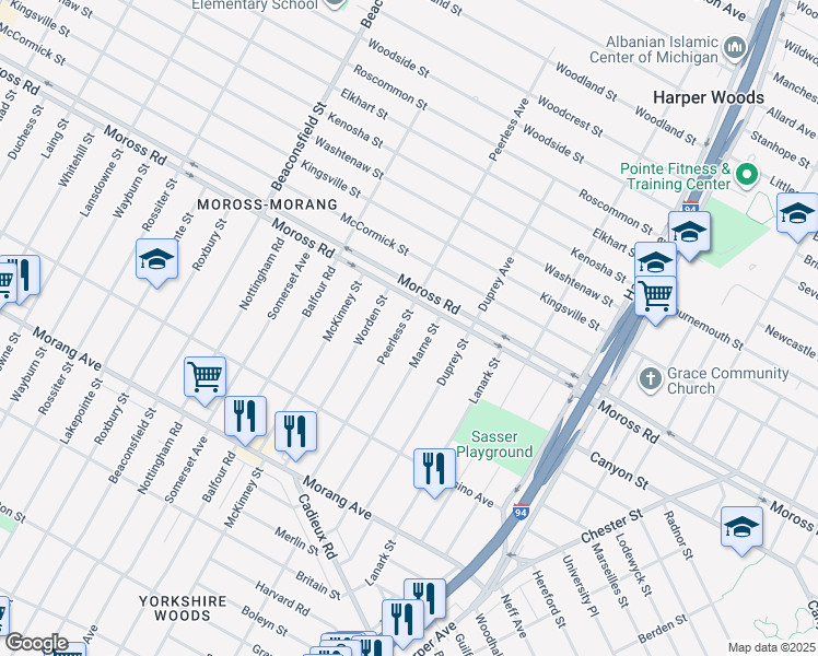 map of restaurants, bars, coffee shops, grocery stores, and more near 11032 Peerless Street in Detroit