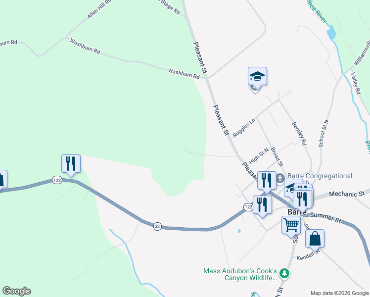 map of restaurants, bars, coffee shops, grocery stores, and more near 118 Glancy Road in Barre