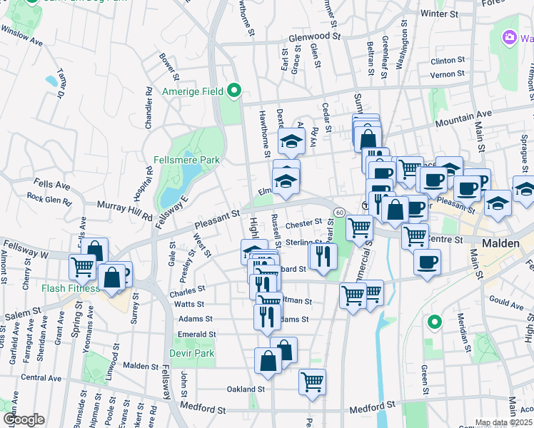 map of restaurants, bars, coffee shops, grocery stores, and more near in Malden