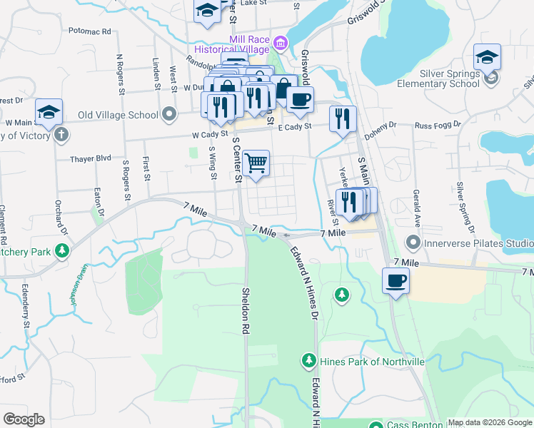 map of restaurants, bars, coffee shops, grocery stores, and more near in Northville
