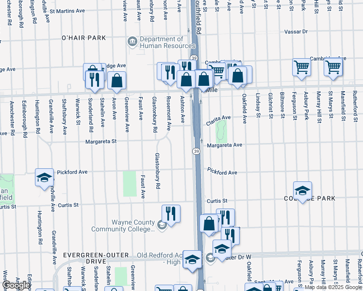 map of restaurants, bars, coffee shops, grocery stores, and more near 18505 Ashton Avenue in Detroit