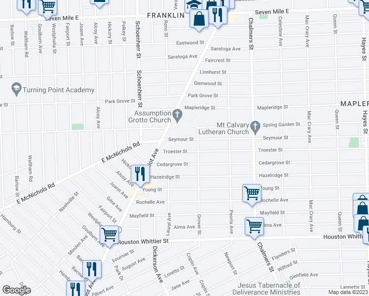 map of restaurants, bars, coffee shops, grocery stores, and more near 13713 Troester Street in Detroit