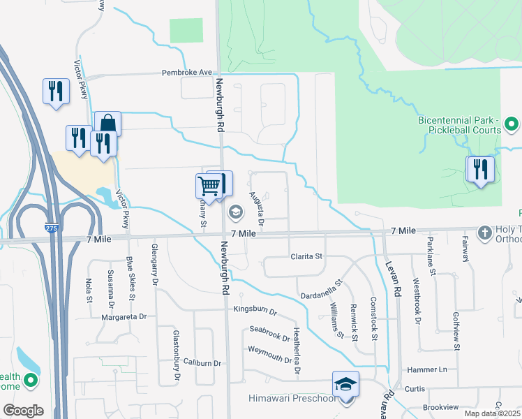 map of restaurants, bars, coffee shops, grocery stores, and more near 19194 Augusta Drive in Livonia