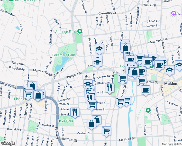 map of restaurants, bars, coffee shops, grocery stores, and more near in Malden