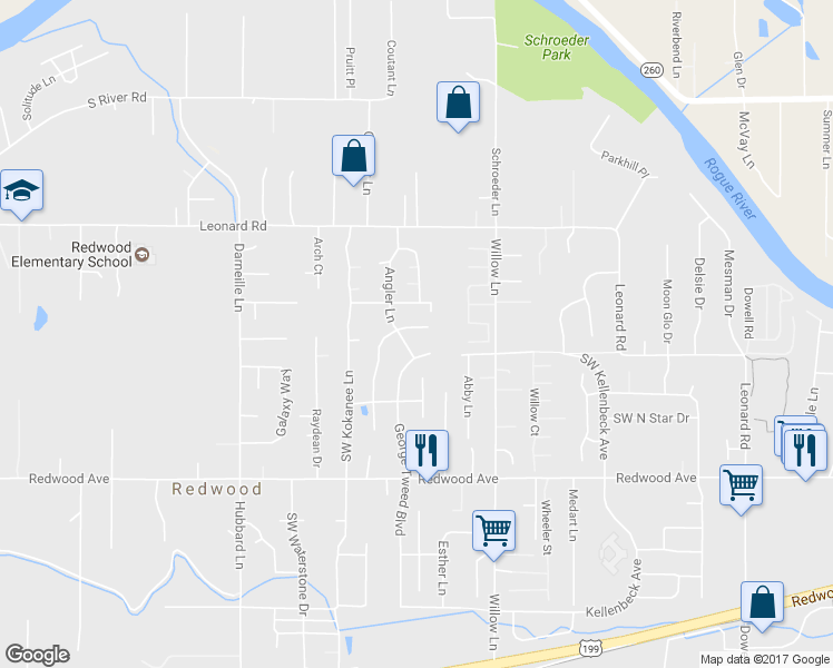 map of restaurants, bars, coffee shops, grocery stores, and more near 1165 Southwest Sturgeon Court in Grants Pass