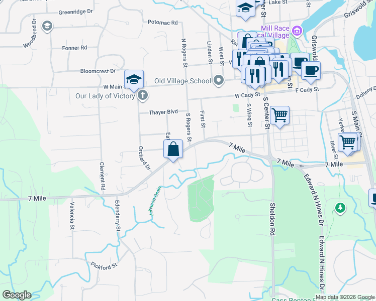 map of restaurants, bars, coffee shops, grocery stores, and more near 525 Fairbrook Street in Northville