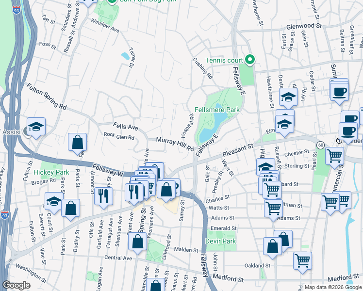 map of restaurants, bars, coffee shops, grocery stores, and more near 32 Murray Hill Park in Malden