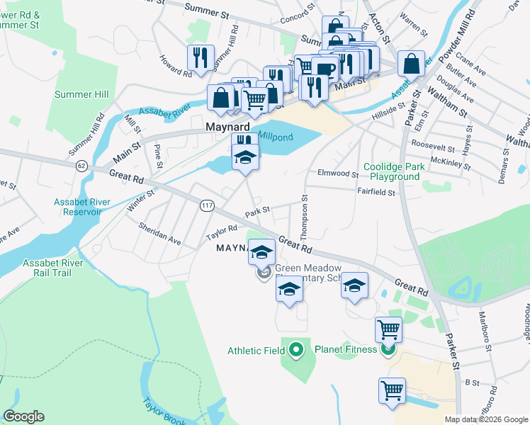 map of restaurants, bars, coffee shops, grocery stores, and more near 49 Sudbury Street in Maynard