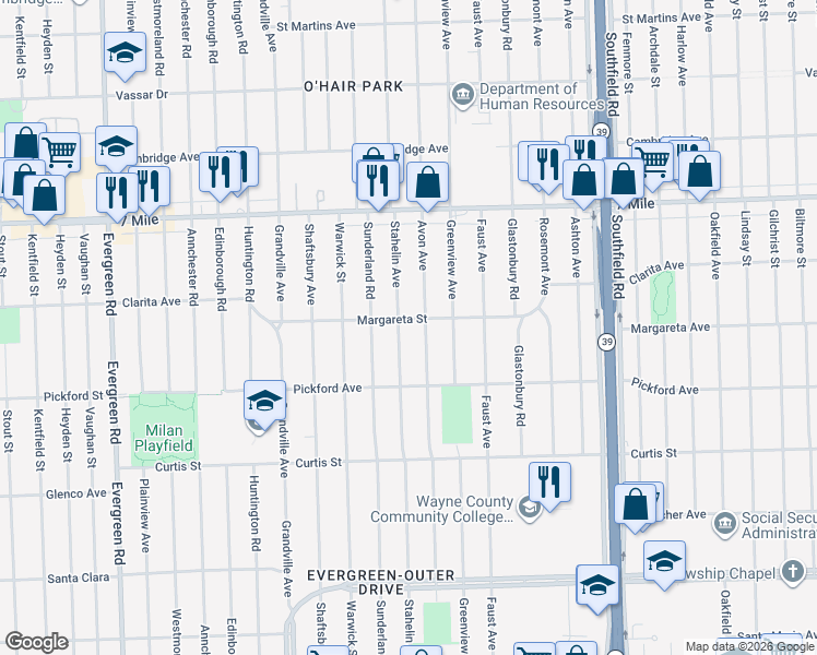 map of restaurants, bars, coffee shops, grocery stores, and more near 18487 Stahelin Avenue in Detroit