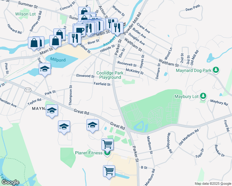 map of restaurants, bars, coffee shops, grocery stores, and more near 64 Parker Street in Maynard