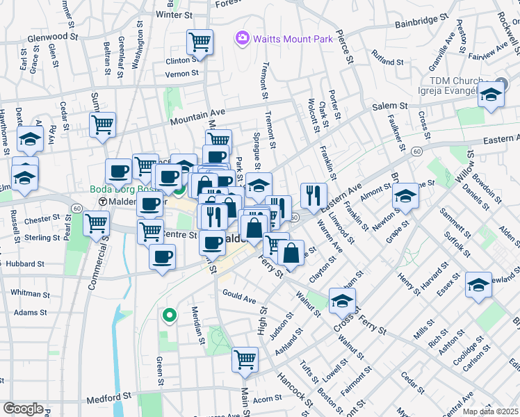 map of restaurants, bars, coffee shops, grocery stores, and more near 77 Salem Street in Malden
