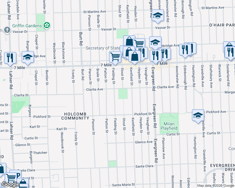 map of restaurants, bars, coffee shops, grocery stores, and more near 18516 Fielding Street in Detroit
