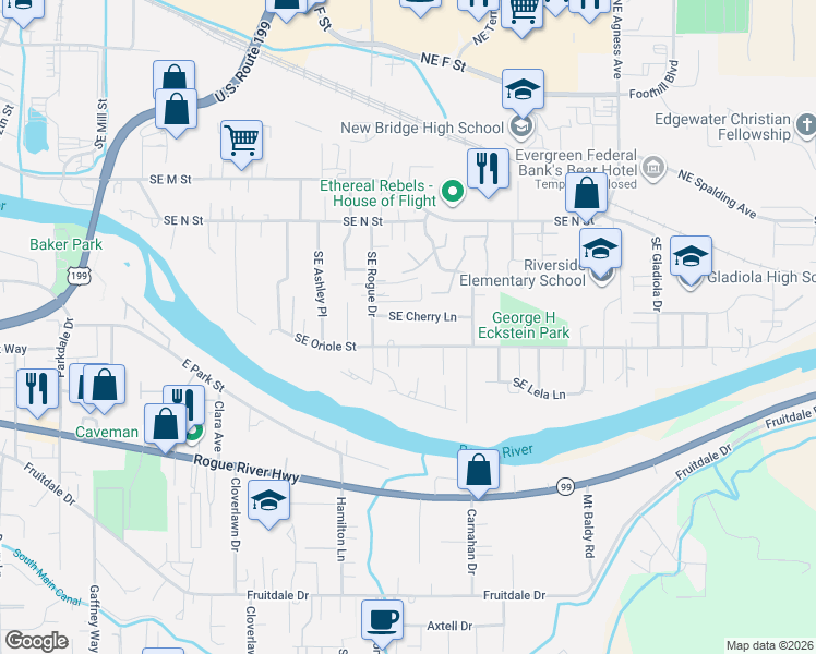 map of restaurants, bars, coffee shops, grocery stores, and more near 1490 Southeast Portola Drive in Grants Pass