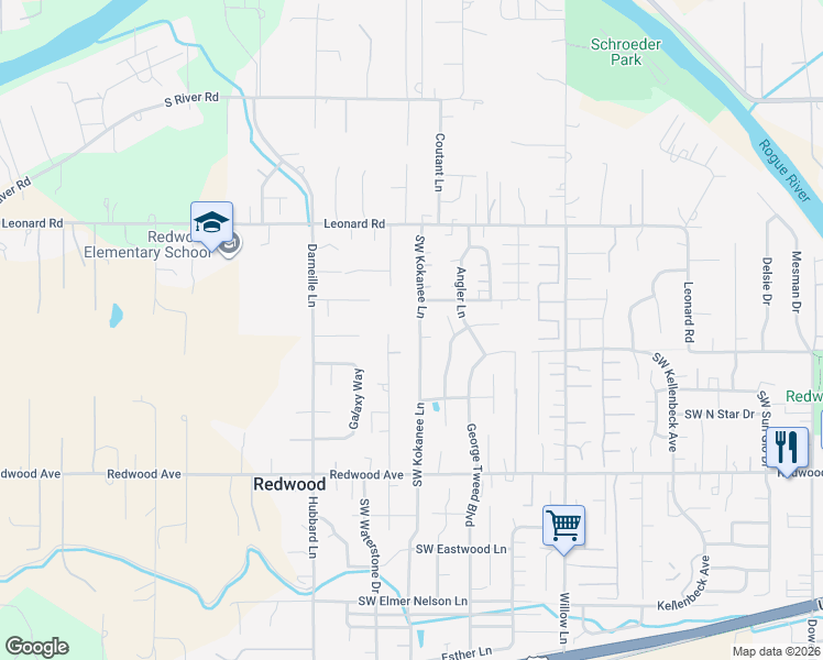 map of restaurants, bars, coffee shops, grocery stores, and more near 1294 Southwest Kokanee Lane in Grants Pass
